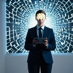 A professional individual, gender-neutral, depicted in a thoughtful and slightly overwhelmed pose within a sleek, modern, and minimalist room. Around their head, abstract, glowing digital fragments, resembling a mosaic of information feeds and notification icons, visually represent a fragmented inner monologue and cognitive overload. The individual is fully clothed in modest business casual attire. The image should convey the feeling of constant mental jumps between topics, reflecting the influence of digital noise on internal thought processes. Perfect anatomy, correct proportions, natural pose, well-formed hands, proper finger count, natural body proportions, appropriate attire, professional dress, safe for work, appropriate content, professional photography, high quality.