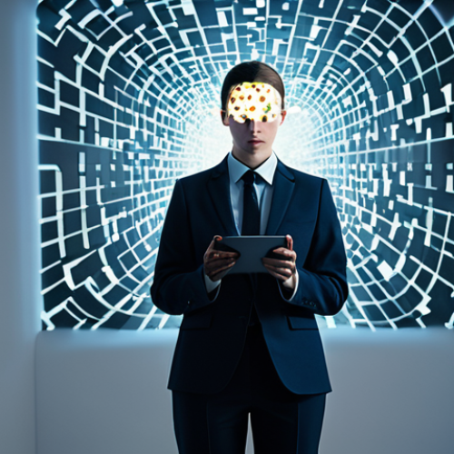 A professional individual, gender-neutral, depicted in a thoughtful and slightly overwhelmed pose within a sleek, modern, and minimalist room. Around their head, abstract, glowing digital fragments, resembling a mosaic of information feeds and notification icons, visually represent a fragmented inner monologue and cognitive overload. The individual is fully clothed in modest business casual attire. The image should convey the feeling of constant mental jumps between topics, reflecting the influence of digital noise on internal thought processes. Perfect anatomy, correct proportions, natural pose, well-formed hands, proper finger count, natural body proportions, appropriate attire, professional dress, safe for work, appropriate content, professional photography, high quality.