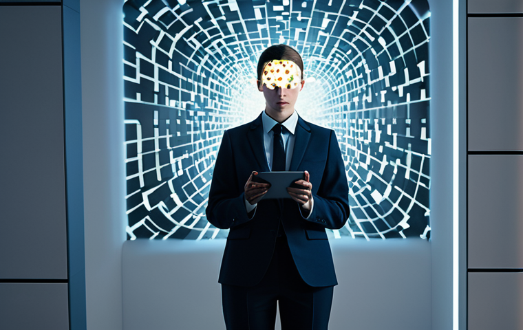A professional individual, gender-neutral, depicted in a thoughtful and slightly overwhelmed pose within a sleek, modern, and minimalist room. Around their head, abstract, glowing digital fragments, resembling a mosaic of information feeds and notification icons, visually represent a fragmented inner monologue and cognitive overload. The individual is fully clothed in modest business casual attire. The image should convey the feeling of constant mental jumps between topics, reflecting the influence of digital noise on internal thought processes. Perfect anatomy, correct proportions, natural pose, well-formed hands, proper finger count, natural body proportions, appropriate attire, professional dress, safe for work, appropriate content, professional photography, high quality.
