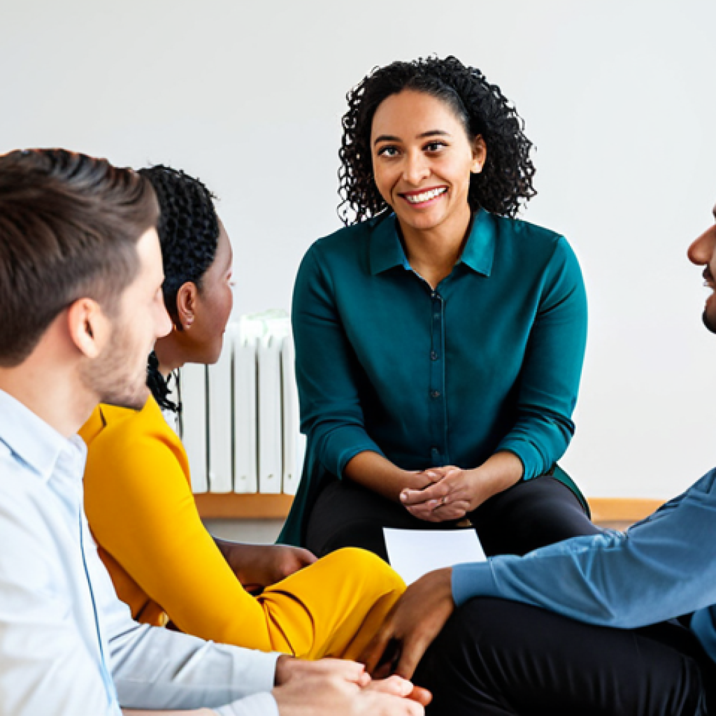 Empathetic Group Session**
"A diverse group of fully clothed adults sitting in a circle in a bright, modern meeting room, engaged in a supportive group therapy session. Focus on genuine expressions of empathy and understanding. One person is sharing their story while others listen attentively. Safe for work, professional setting, appropriate attire, perfect anatomy, natural proportions, family-friendly."
**
