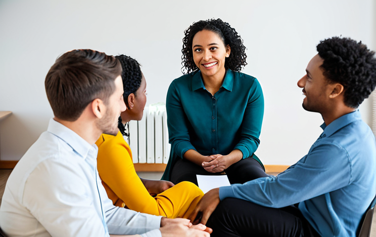 Empathetic Group Session**

"A diverse group of fully clothed adults sitting in a circle in a bright, modern meeting room, engaged in a supportive group therapy session. Focus on genuine expressions of empathy and understanding. One person is sharing their story while others listen attentively. Safe for work, professional setting, appropriate attire, perfect anatomy, natural proportions, family-friendly."

**
