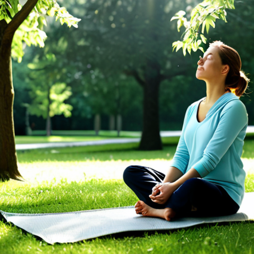Calming Relaxation Scene**
A woman in comfortable, modest clothing is practicing deep breathing in a serene park. Sunlight filters through the trees. She is fully clothed, sitting peacefully on a mat. Perfect anatomy, correct proportions, natural pose. Safe for work, appropriate content, professional, family-friendly. High resolution, detailed environment.
**