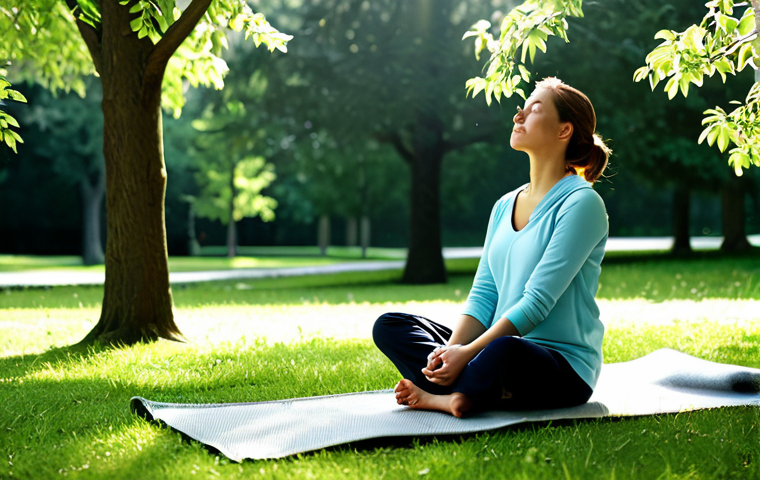 Calming Relaxation Scene**
A woman in comfortable, modest clothing is practicing deep breathing in a serene park. Sunlight filters through the trees. She is fully clothed, sitting peacefully on a mat. Perfect anatomy, correct proportions, natural pose. Safe for work, appropriate content, professional, family-friendly. High resolution, detailed environment.
**