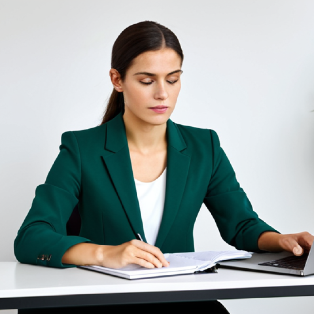 내면 대화와 시간 관리 - Focused Professional**
"A professional woman in a modest blazer and business attire, sitting at a c...