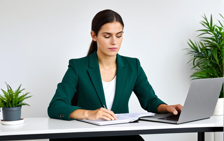 내면 대화와 시간 관리 - Focused Professional**
"A professional woman in a modest blazer and business attire, sitting at a c...