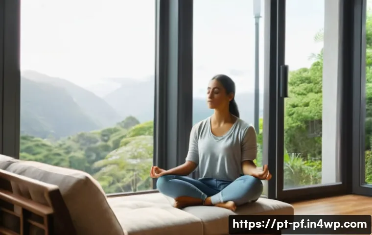 내면 대화와 심리적 불안 - A serene and cozy modern living room scene featuring a young Brazilian woman practicing mindfulness ...