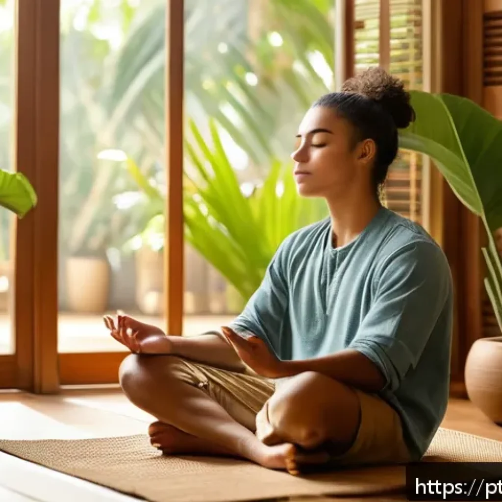 내면 대화 관찰 기법의 효과 - A contemplative young Brazilian adult sitting in a cozy, sunlit room with warm wooden furniture and ...