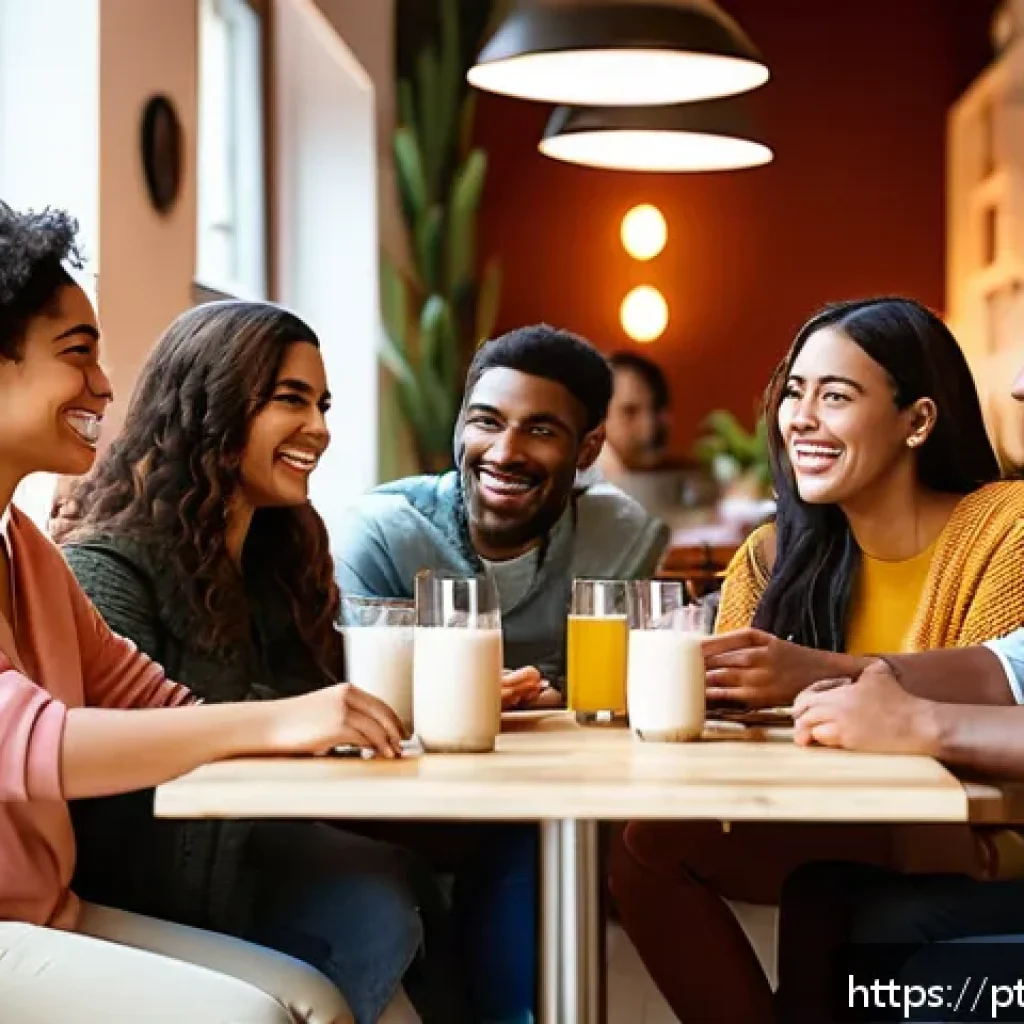 내면 대화와 사회적 관계의 발전 - A diverse group of young adults engaged in a warm, open social gathering in a cozy urban café settin...
