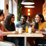 Home 18 내면 대화와 사회적 관계의 발전 - A diverse group of young adults engaged in a warm, open social gathering in a cozy urban café settin...