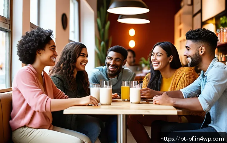 내면 대화와 사회적 관계의 발전 - A diverse group of young adults engaged in a warm, open social gathering in a cozy urban café settin...
