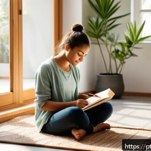Home 17 내면 대화 기법을 활용한 스트레스 관리 - A serene indoor scene showing a young adult woman sitting cross-legged on a cozy carpet near a large...