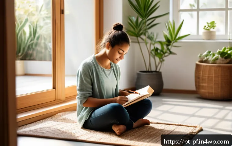 내면 대화 기법을 활용한 스트레스 관리 - A serene indoor scene showing a young adult woman sitting cross-legged on a cozy carpet near a large...