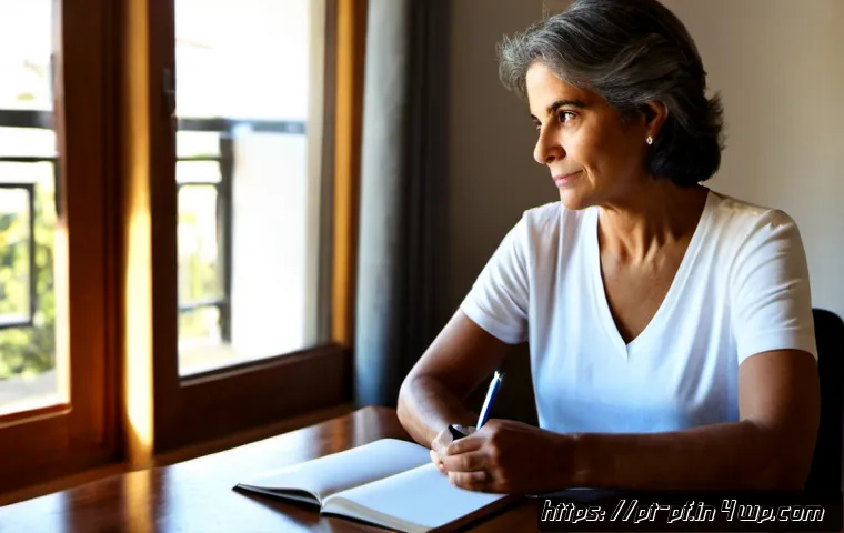 내면 대화 관찰 기술의 사례 분석 - Photorealistic case-study scene of a thoughtful Brazilian woman in her fifties seated at a sunlit ap...